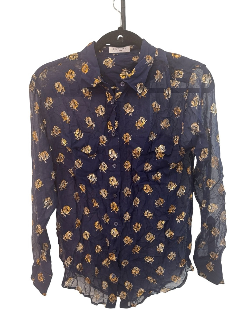 Equipment Femme navy sheer long sleeve blouse with a gold floral print size S